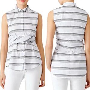 DEREK LAM 10 Crosby Top Womens 0 Gray Striped Tie Front Cotton Button Up Blouse